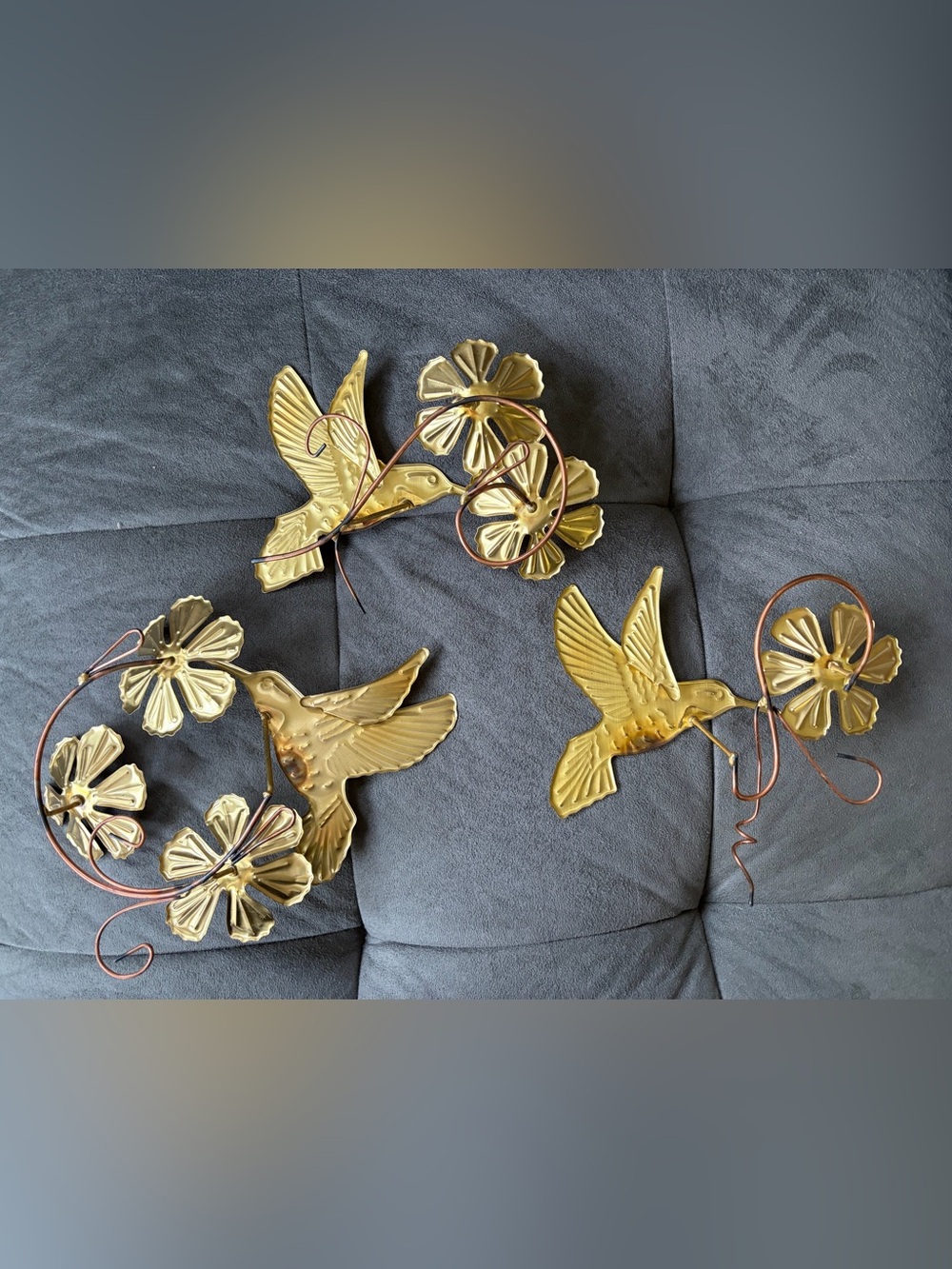 Vintage Brass & Copper Tone Metal Hummingbird Wall Decor 3 Piece Set - Picture 2 of 9